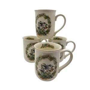Gibson Greeting Otagiri Christmas Chickadee Wreath coffee mug set tea 4 in box V